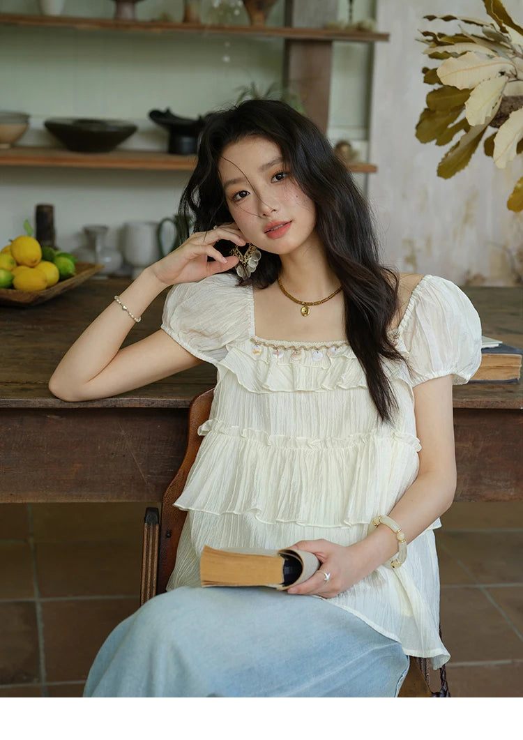 MISHOW Square Collar Puff Sleeve Tiered Blouse MXE33X1763