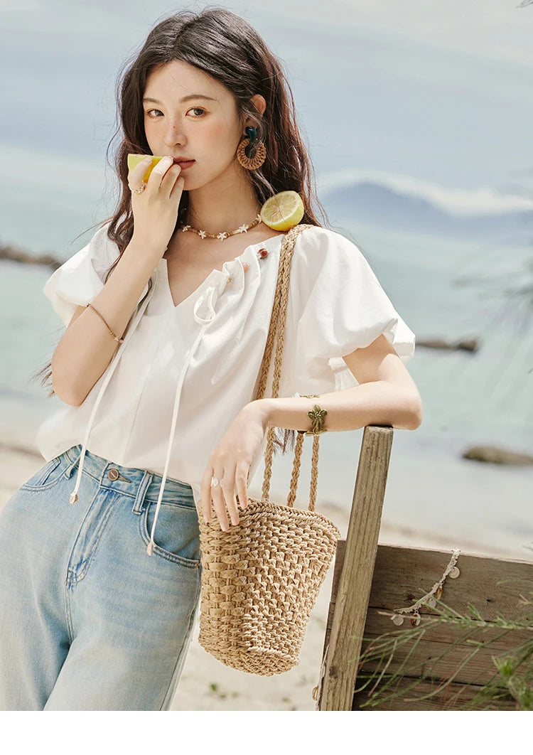 MISHOW V-Neck Puff Sleeve Blouse Beaded Retro Top MXE33X1757