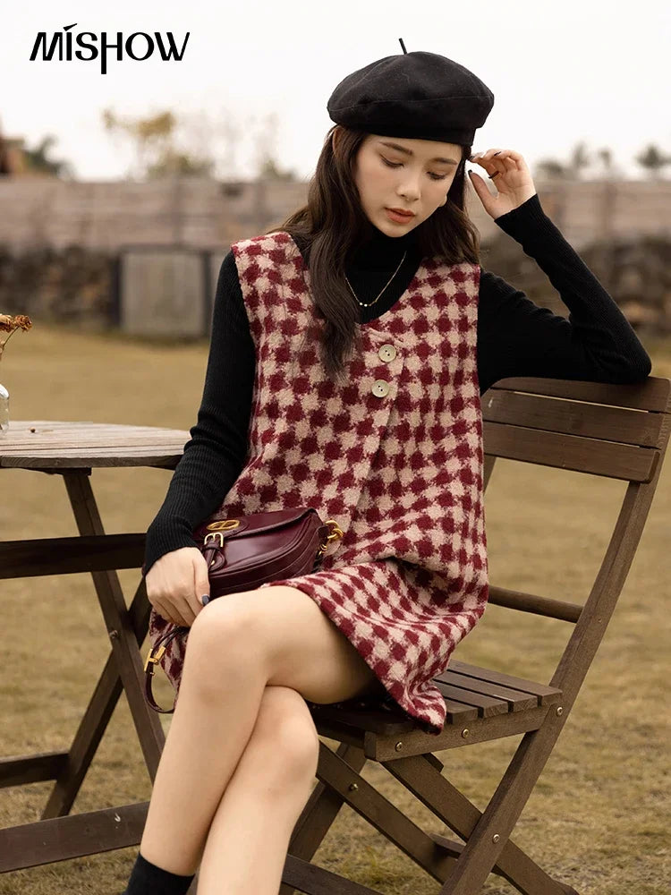 Mishow Plaid V-Neck Sleeveless Woolen Vest Dress MXB47L1332