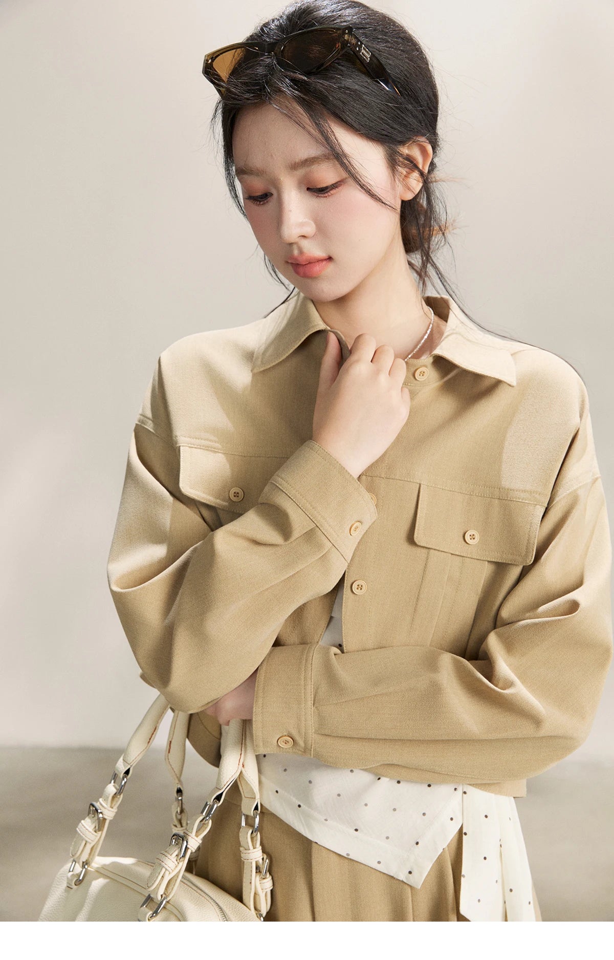 Mishow Khaki Cropped Jacket & Polka Dot Vest & Wide Leg Pants Three-Piece Set MXF13T1478