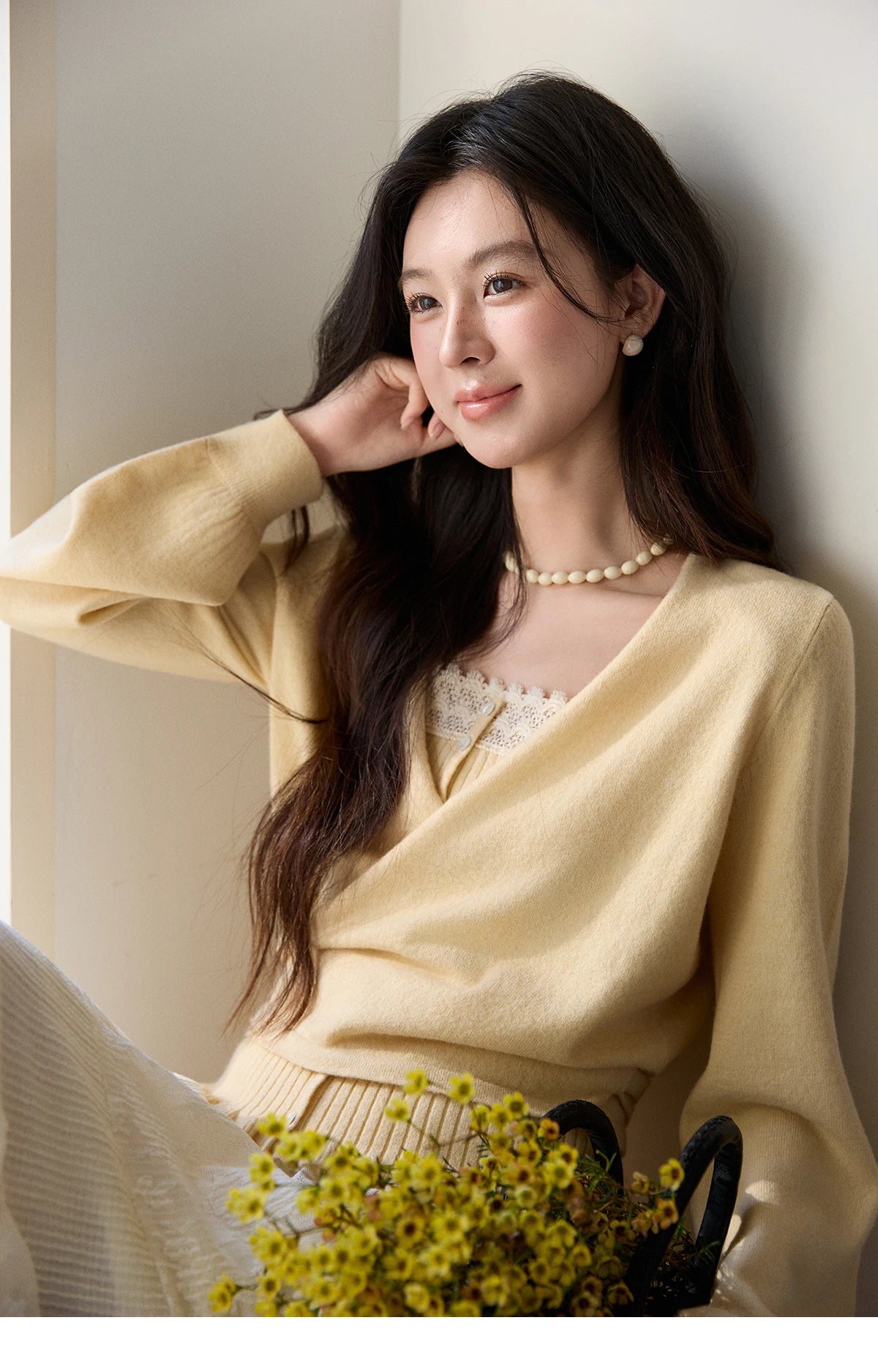 Mishow Yellow Ruffled Camisole & Lace Cardigan Set MXF11T1472