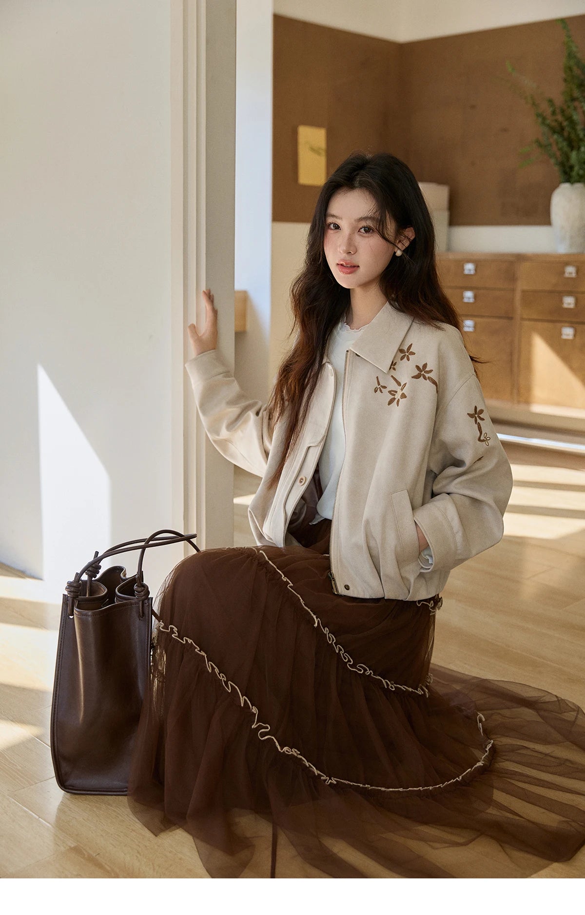 MISHOW Imitation Suede Jacket Floral Embroidery Lapel Zipper MXF11W1027