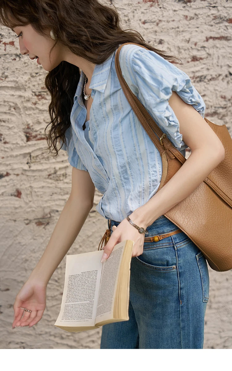 MISHOW Blue Striped Shirt Bubble Sleeves with Tube Top MXD24C0204