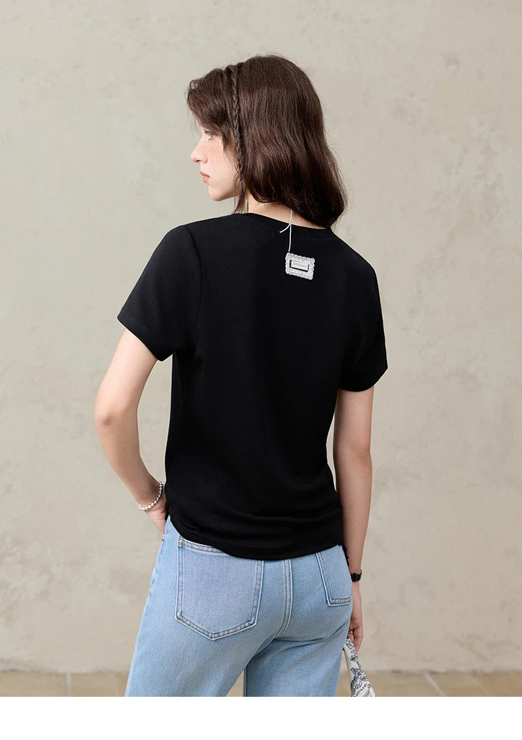 Mishow Solid Straight Shoulder Lace Trim Tee MXE31T0532