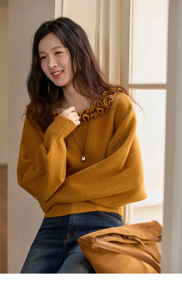 Mishow Orange Lotus Edge Lantern Sleeve Pullover MXE86Z2726