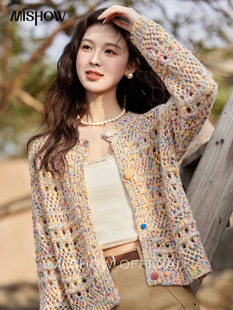 Mishow Rainbow Button Hollow Knit Cardigan MXE13Z1110