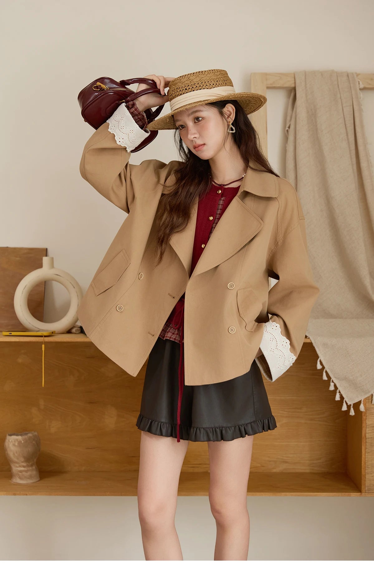 Mishow Khaki Ruffled Cuff Lace Short Trench MXE45W0831