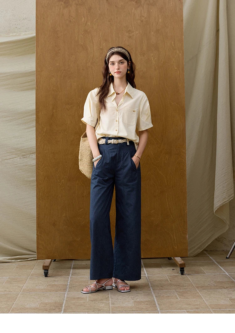 MISHOW Dark Blue High Waist Wide-Leg Pants Slimming Straight MXE31K0902