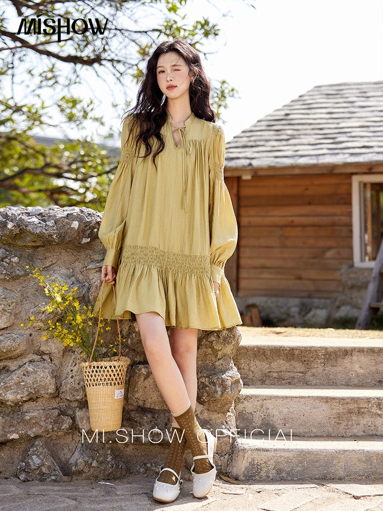 Mishow Folded Lace-Up V-Neck Doll Dress MXE11L2113