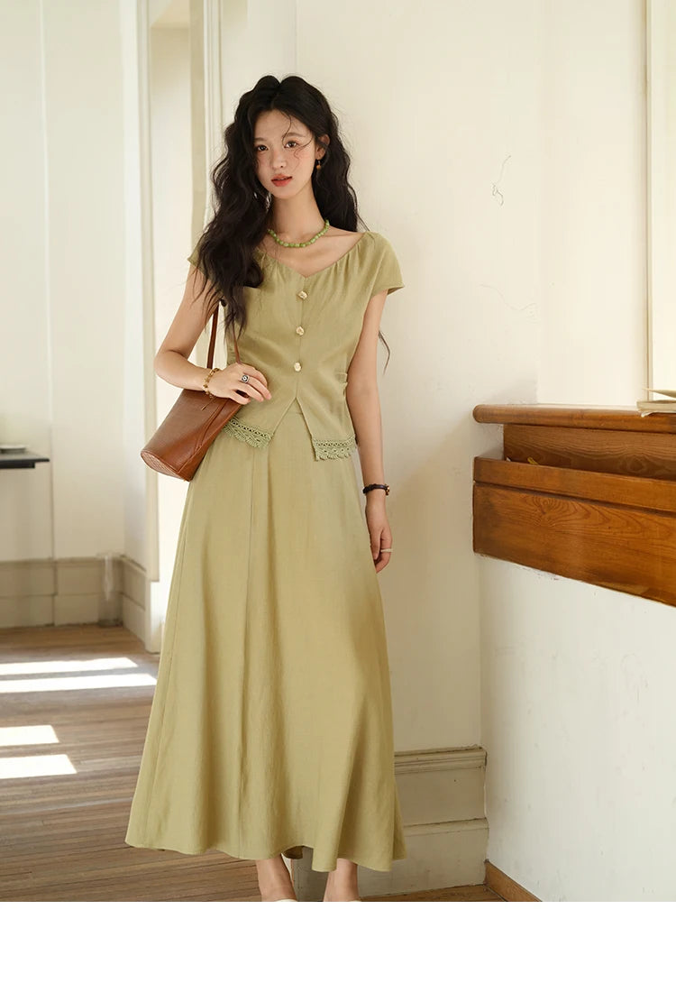 Mishow V-Neck Lace Hollow Top & Pocket A-Line Skirt Set MXE39T0665