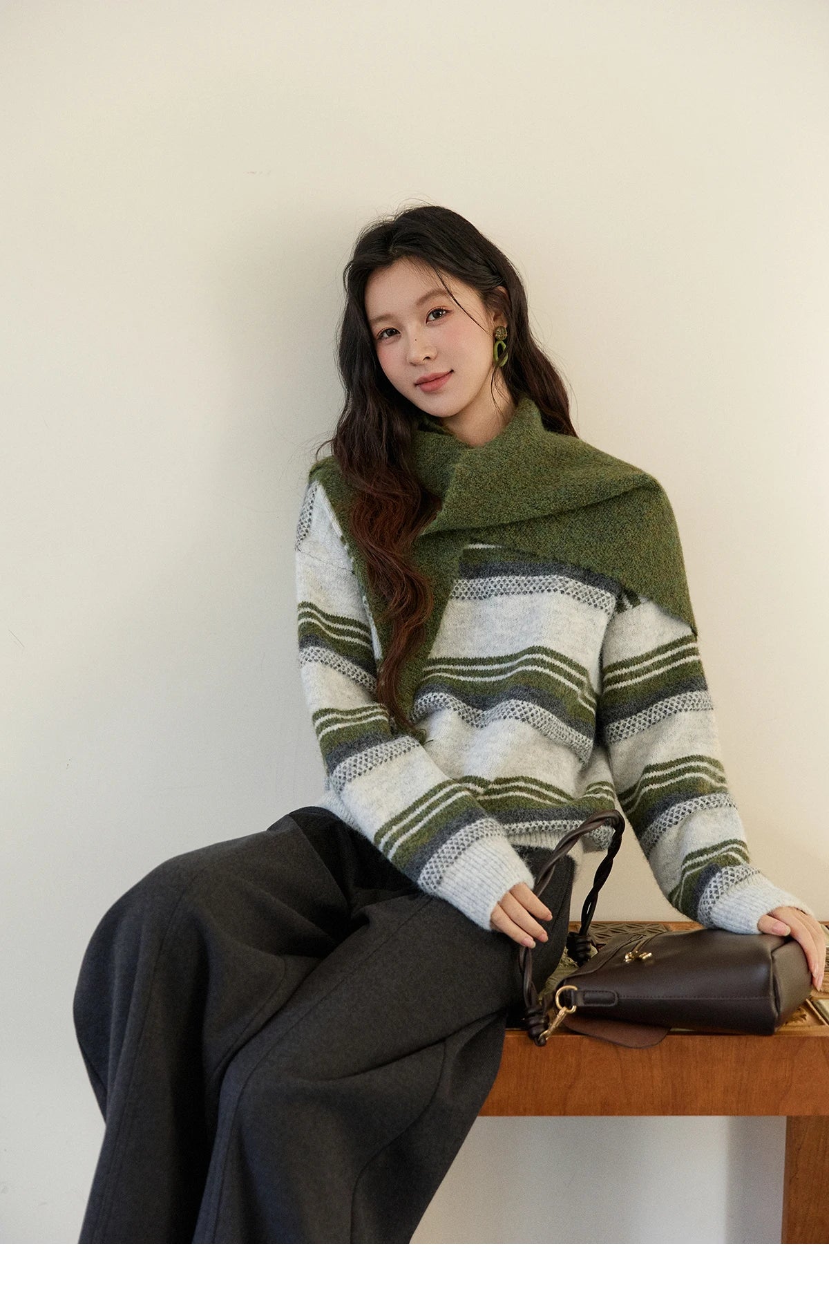 Mishow Wool Blend Retro Striped Sweater with Scarf MXE94Z2987