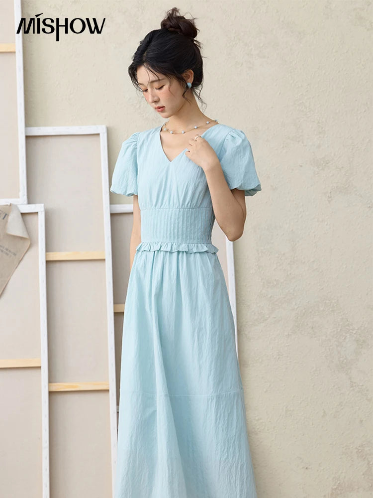 Mishow French Puff Sleeve V-Neck Cotton Dress MXE34L2288