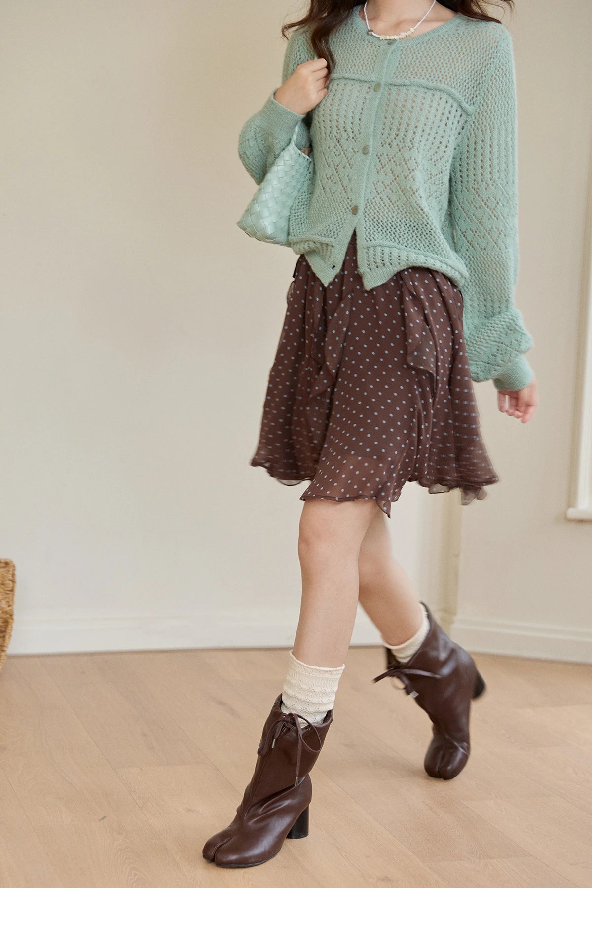 Mishow Brown Polka Dot Ruffled Chiffon Mini Skirt MXF13B2476