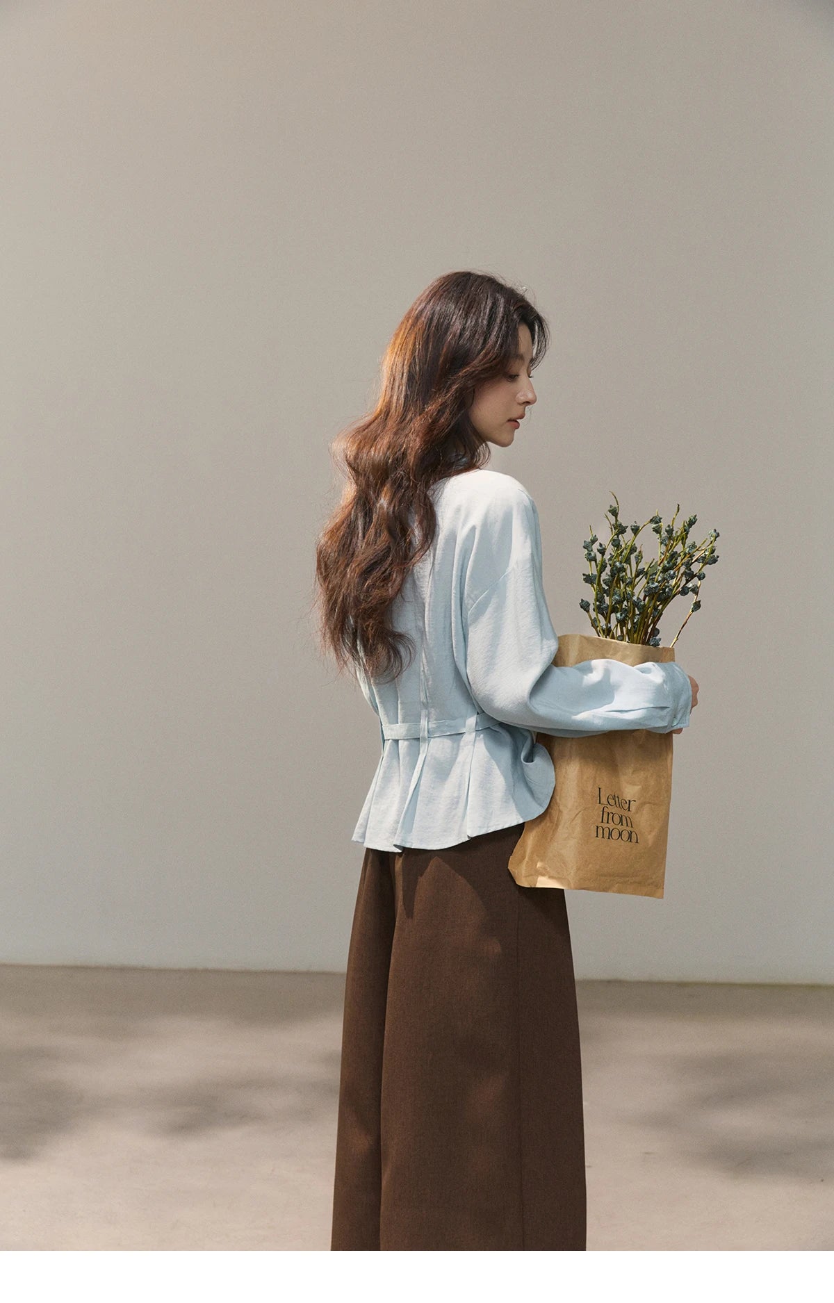 MISHOW Light Blue Lyocell Shirt V-Neck Belted Waist MXF13C2437