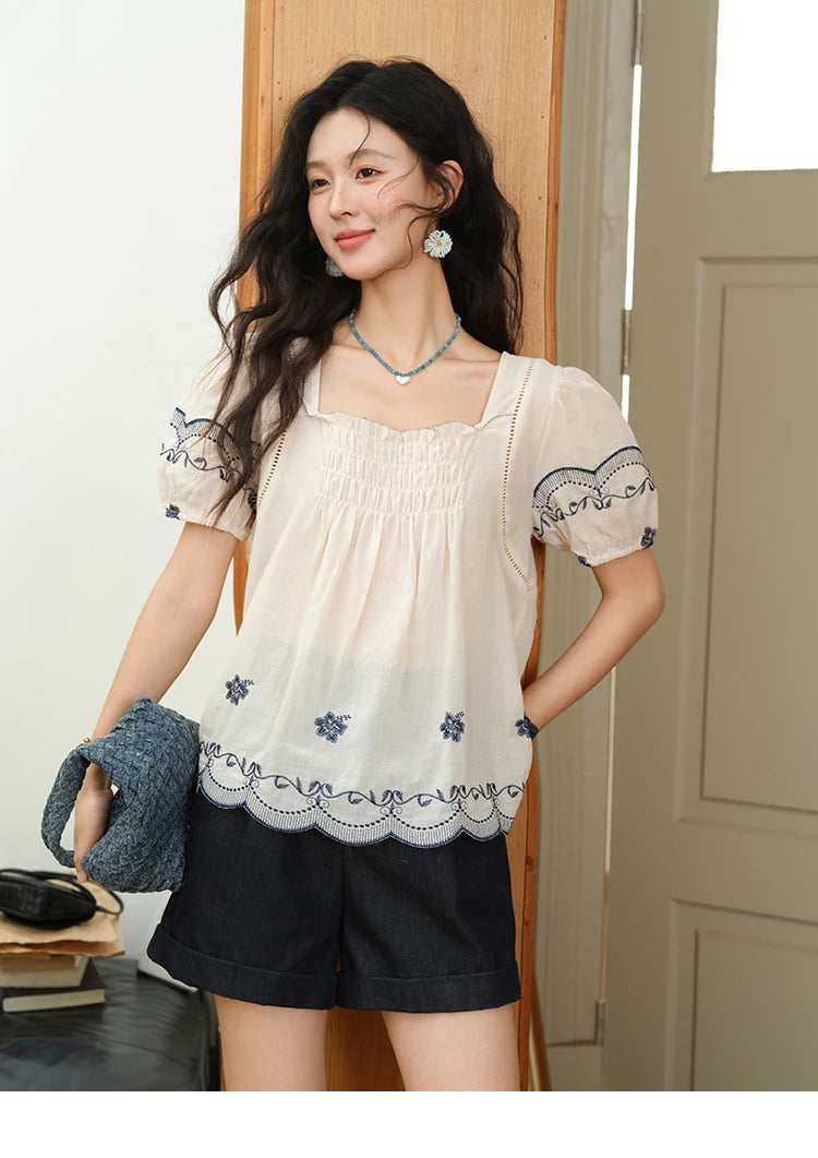 MISHOW Square Neck Puff Sleeve Blouse Flower Embroidery Hollow MXE39X1953