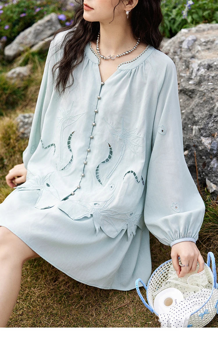 Mishow Vintage Hollow Embroidery Blouse & Solid A-Line Skirt Set MXE12T0455