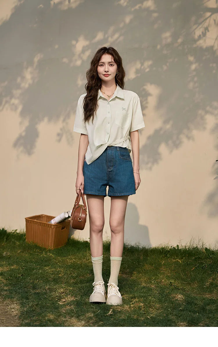 MISHOW Same Color Bow Embroidered Shirt Asymmetric Hem MXD23C0257