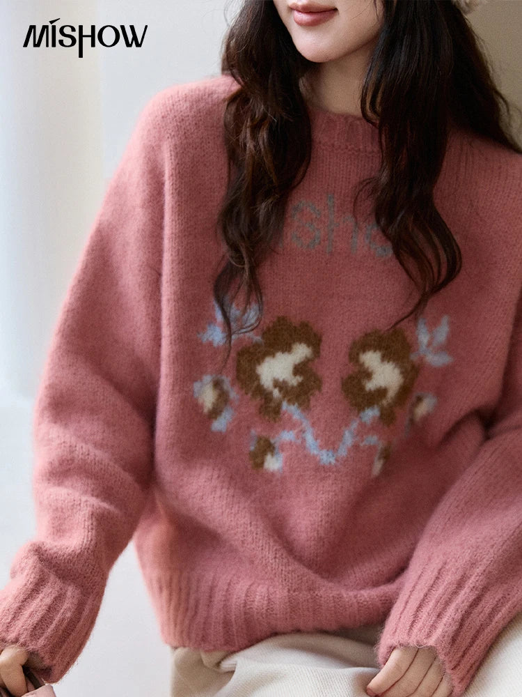 Mishow Pink Jacquard Crew Neck Pullover MXE91Z2831