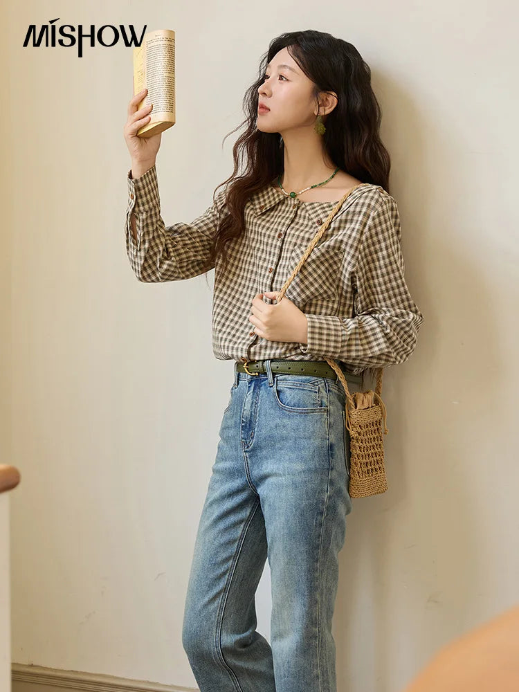 MISHOW Plaid Shirt Side Slit Pockets with Belt MXE44X2469