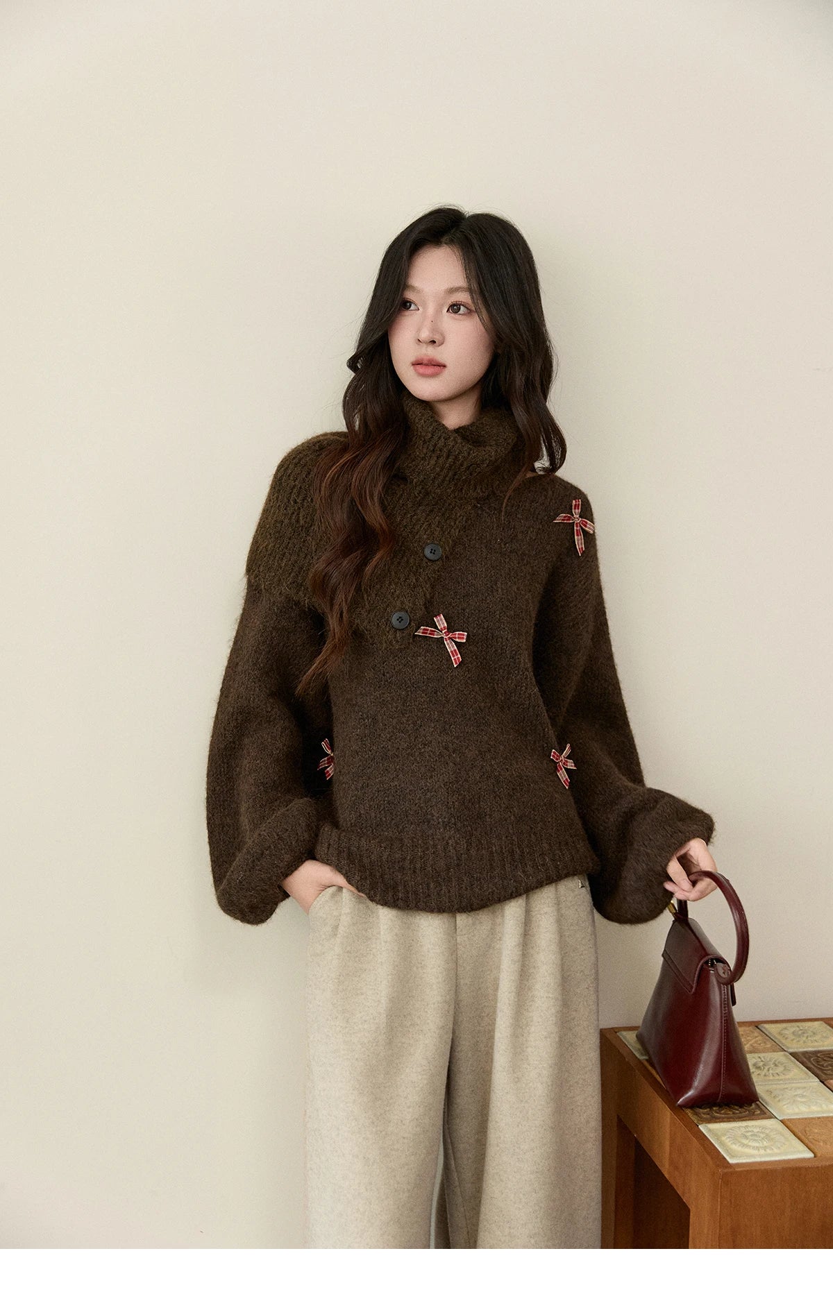 Mishow French Plaid Bow Detachable Shawl Collar Sweater MXE93Z2946