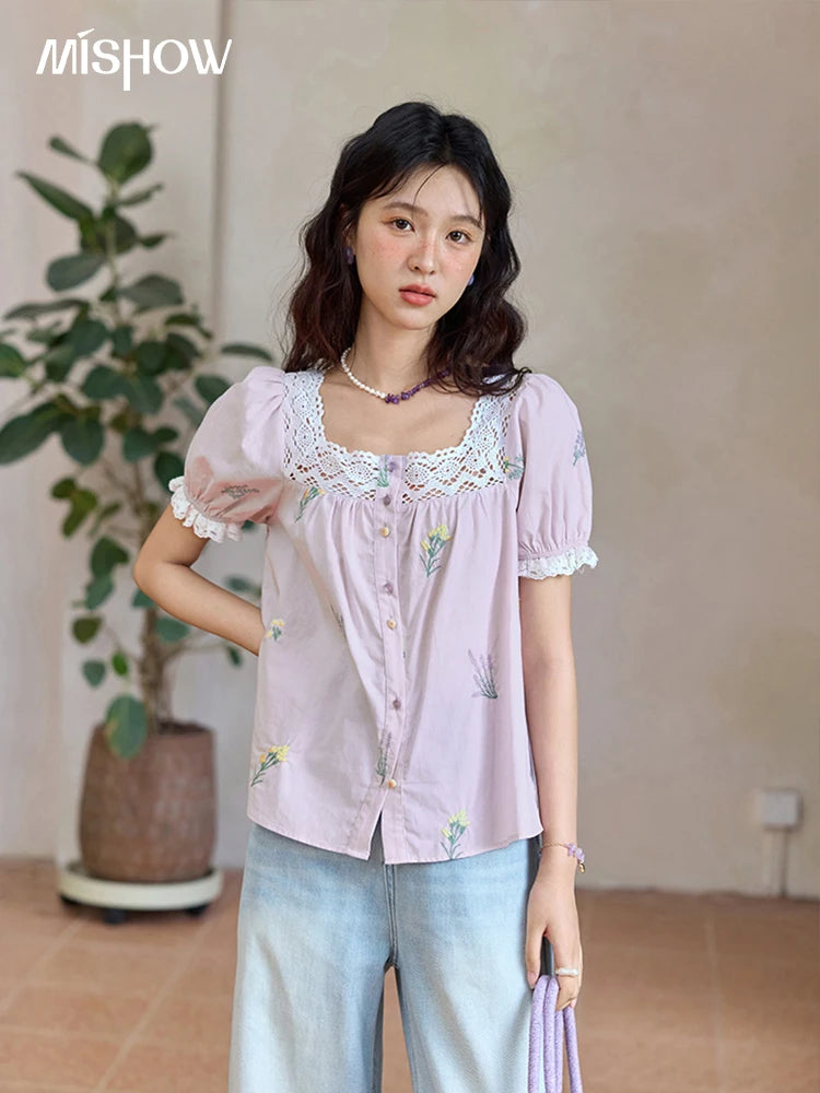 MISHOW Lace Patchwork Square Collar Blouse Puff Sleeve MXE36X1830