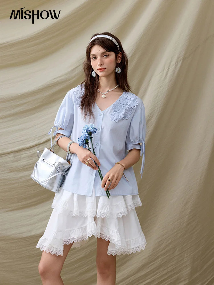 MISHOW Solid V-Neck Blouse Embroidered Loose Short Sleeve MXE31X1774