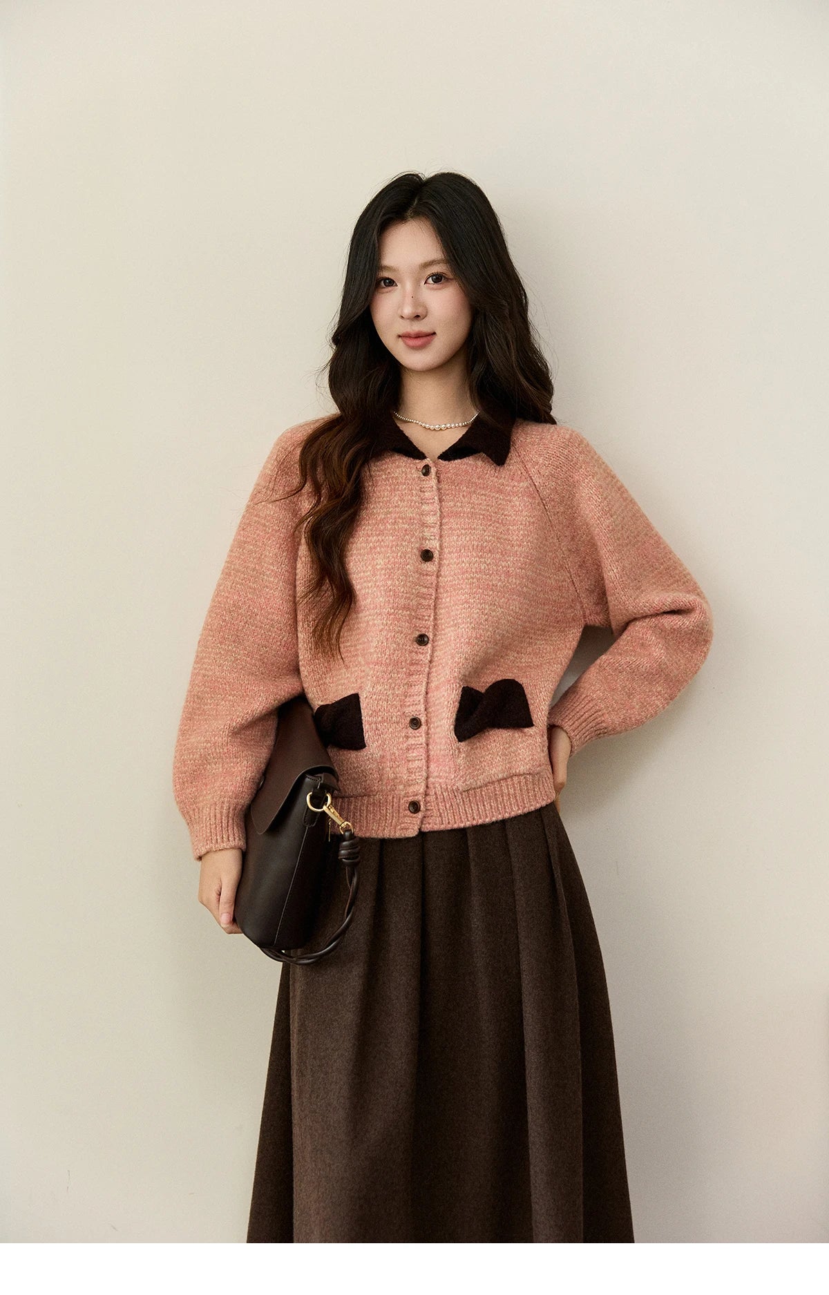 Mishow Pink Contrast Collar Bow Pocket Cardigan MXE94Z2957