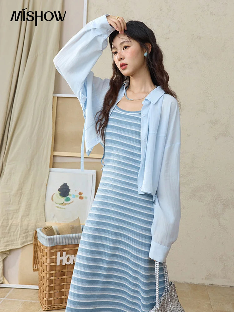 Mishow Blue Striped Camisole Dress & Lyocell Shirt Set MXE34L2285