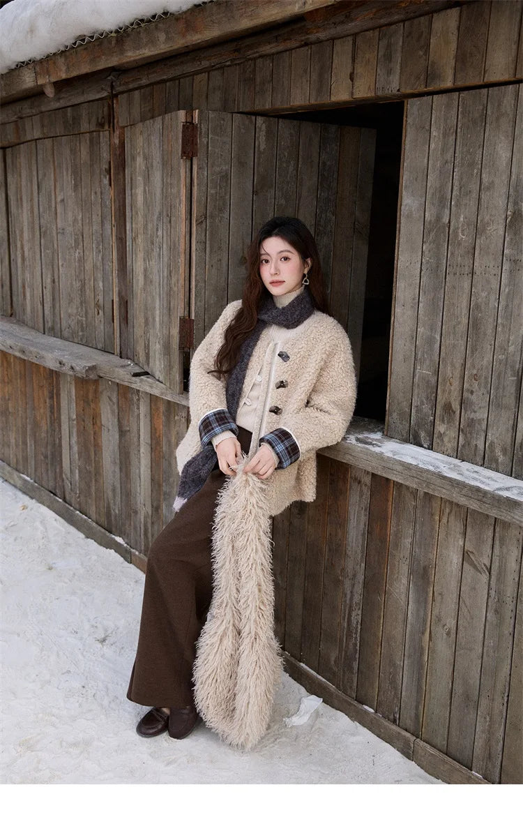 Mishow Plaid Patchwork Curly Lambswool Coat MXE87W0939