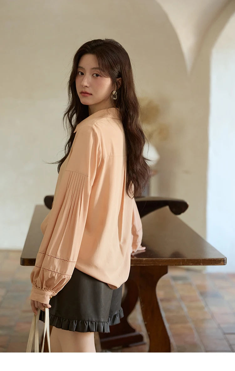 MISHOW Women's Lantern Sleeve Hollow Out Shirt Lapel Solid Top MXE41C2359