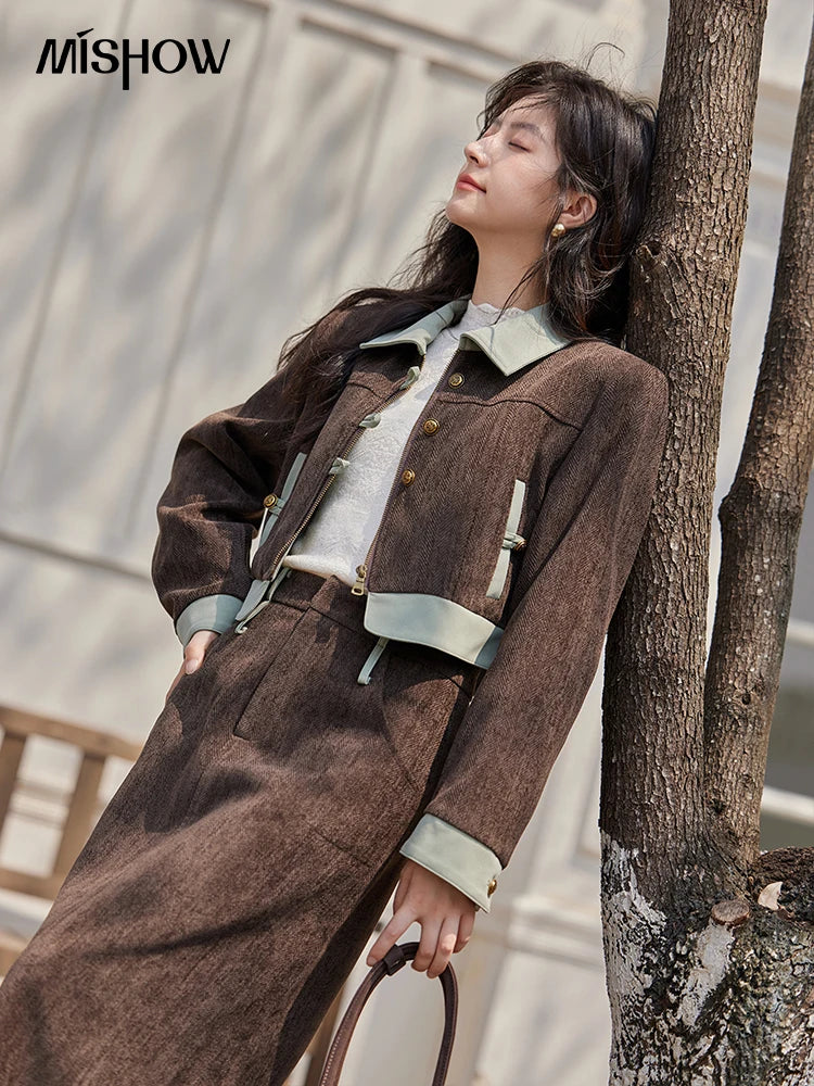 Mishow Fragrant Lapel Jacket & Contrasting Leather Skirt Set MXD43W0444