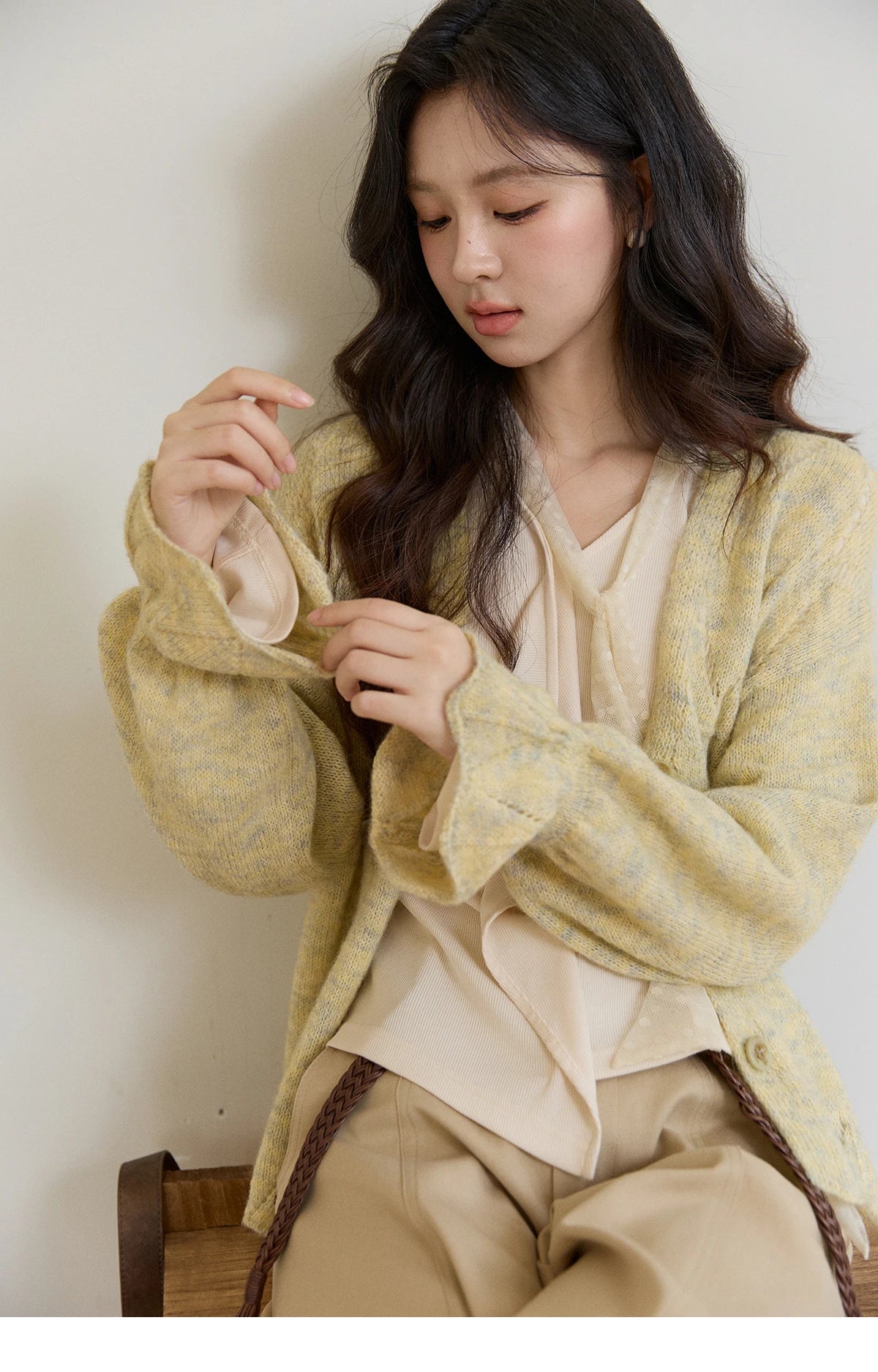Mishow Marled Yellow Mohair Flare Sleeve Cardigan MXF108Z1021