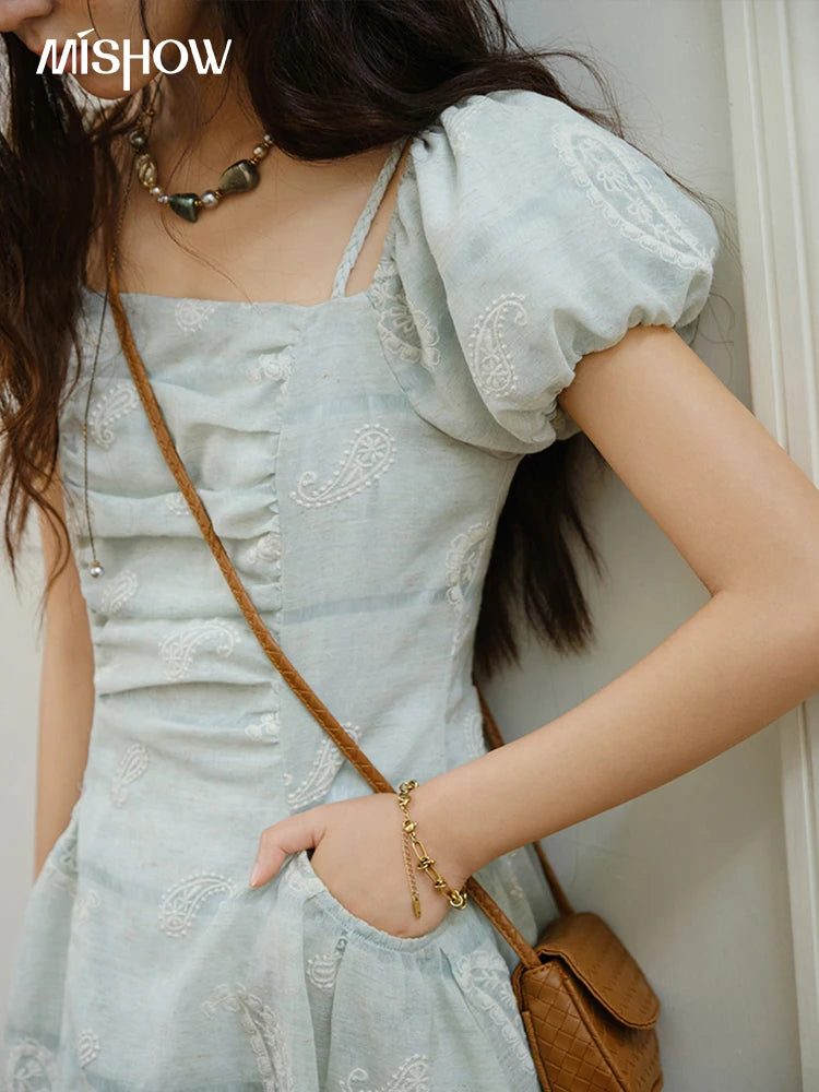 Mishow Embroidery Square Neck Puff Sleeve Dress MXE34L2265