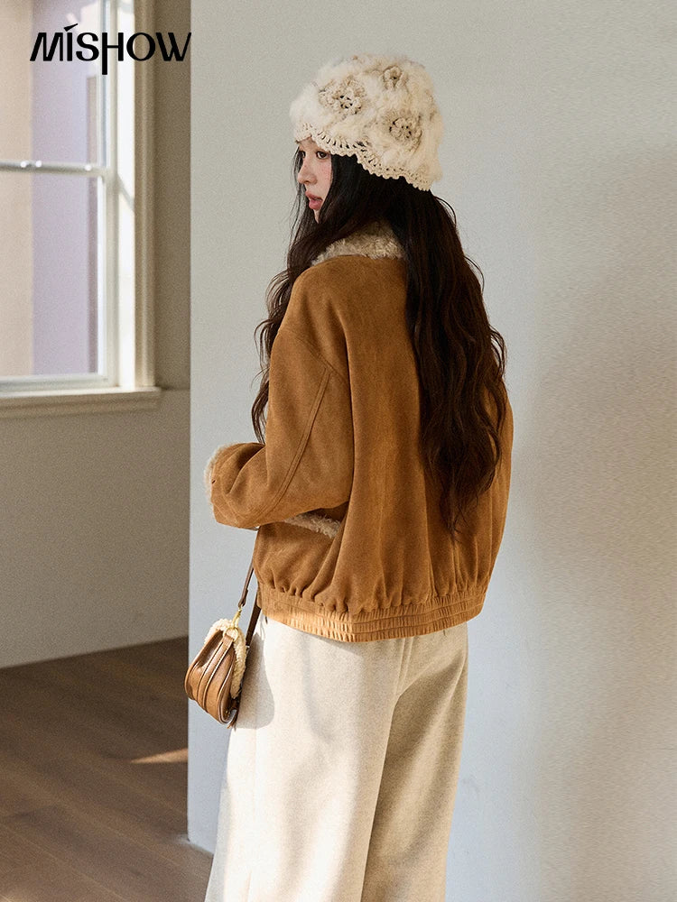 MISHOW Retro Brown Suede Jacket Patchwork Fur Turn Down Collar MXE89W0895