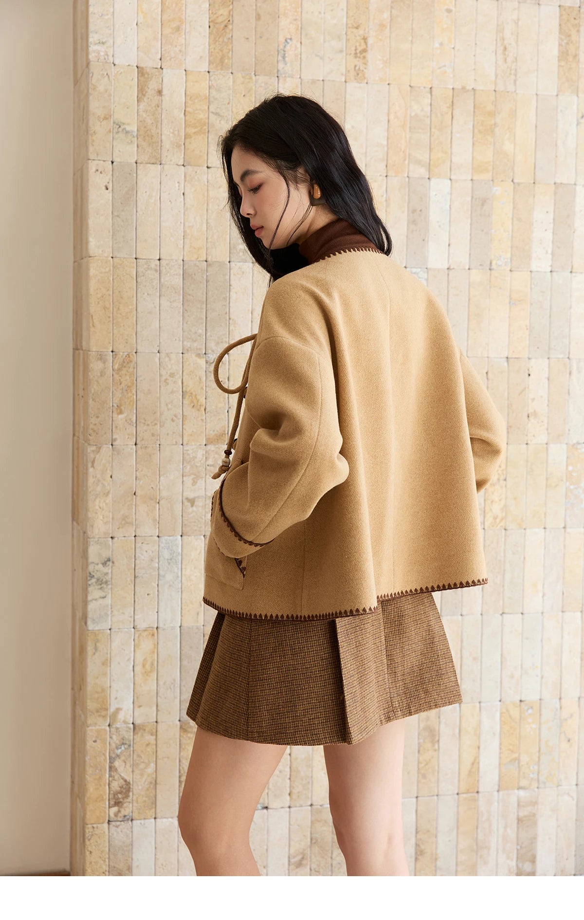 MISHOW Khaki Asymmetrical Coat Shell Flower Embroidery Lace-Up MXE49W0854