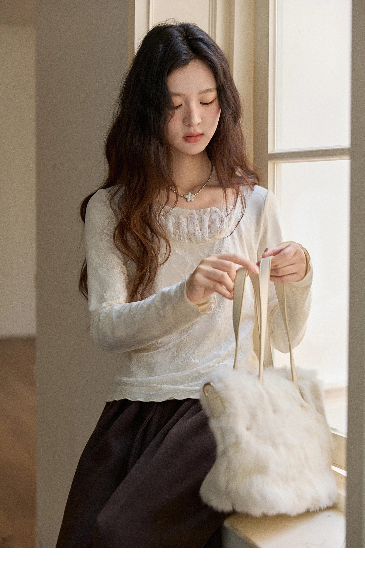 Mishow Beige Lace Patchwork Square Neck Top MXE91X2514