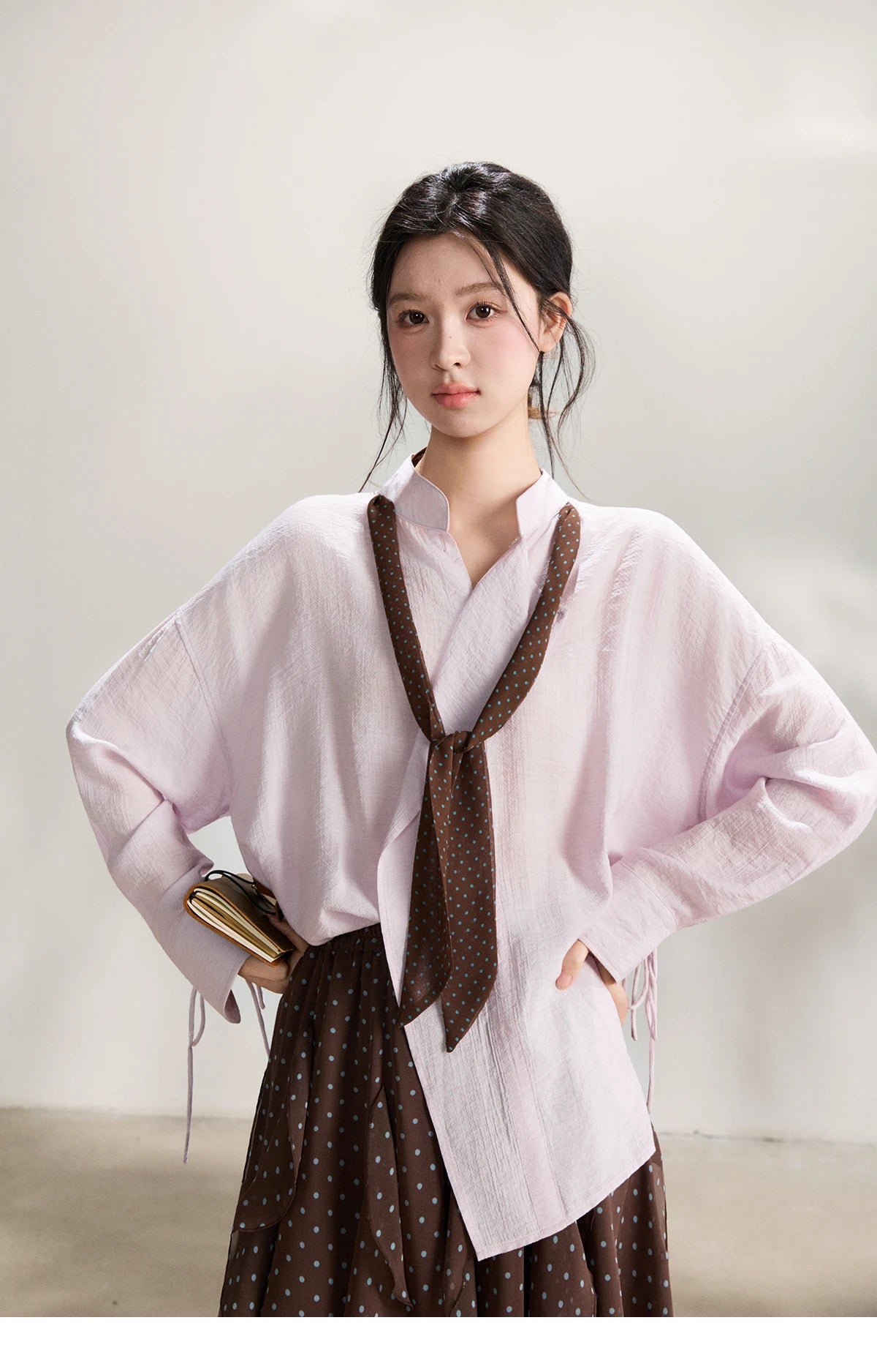 MISHOW Women's Asymmetric V-Neck Shirt Polka Dot Ribbon Tie Cuffs MXF108X1002