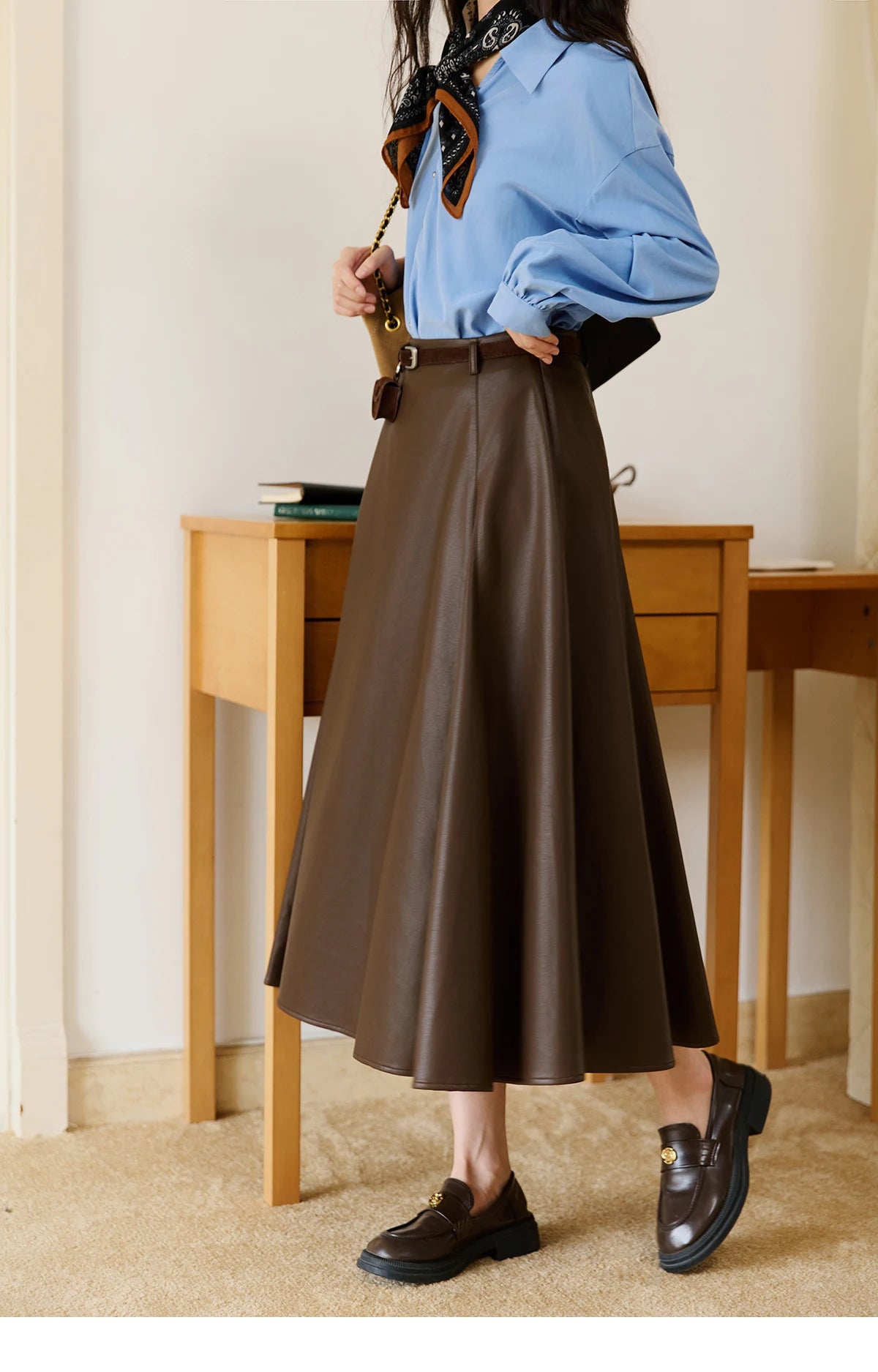 MISHOW PU Leather A-Line Skirt High Waist Retro Coffee MXE45B2412