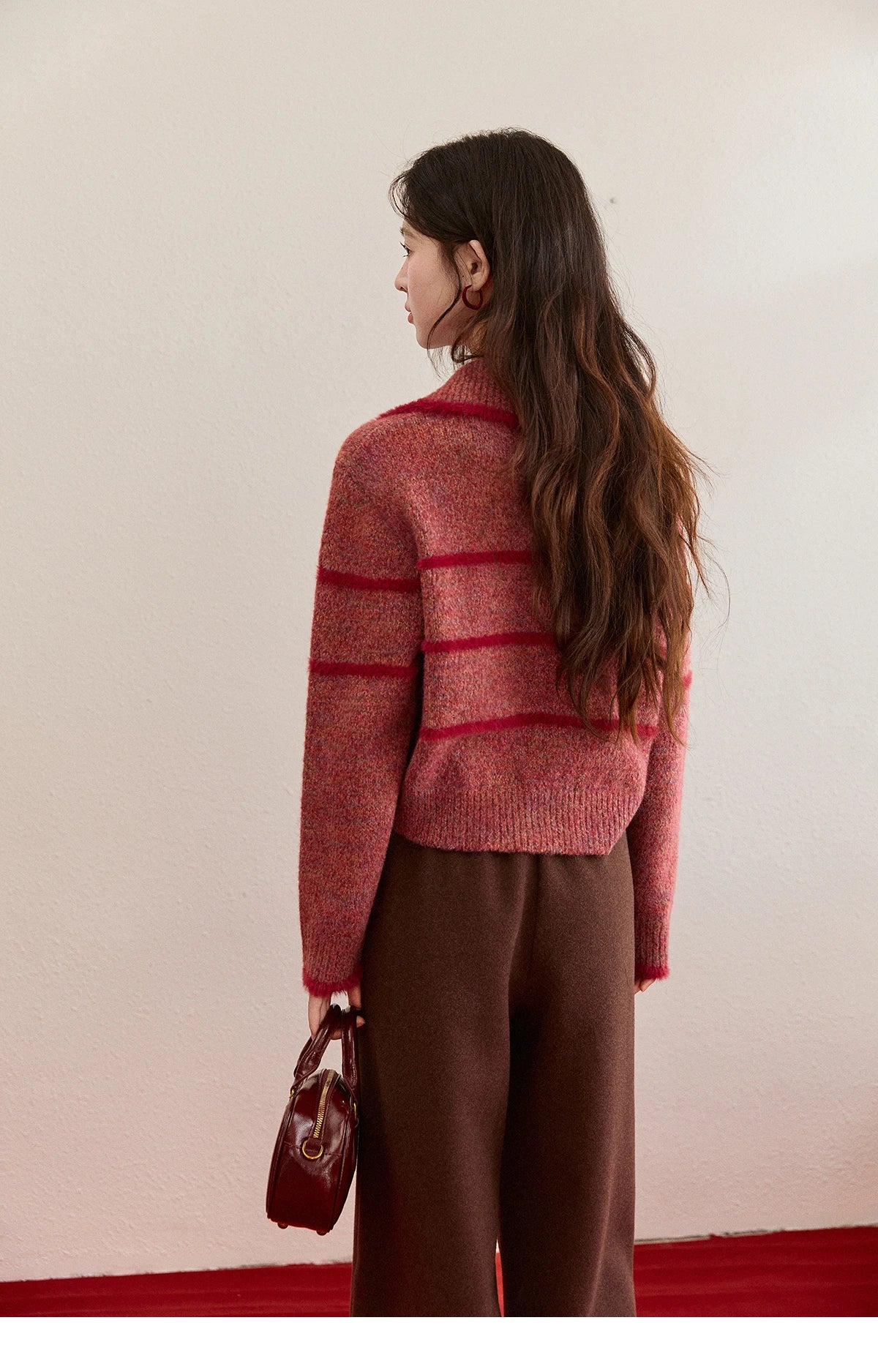 Mishow Red Striped Large Lapel Fleece Cardigan MXE94Z2888