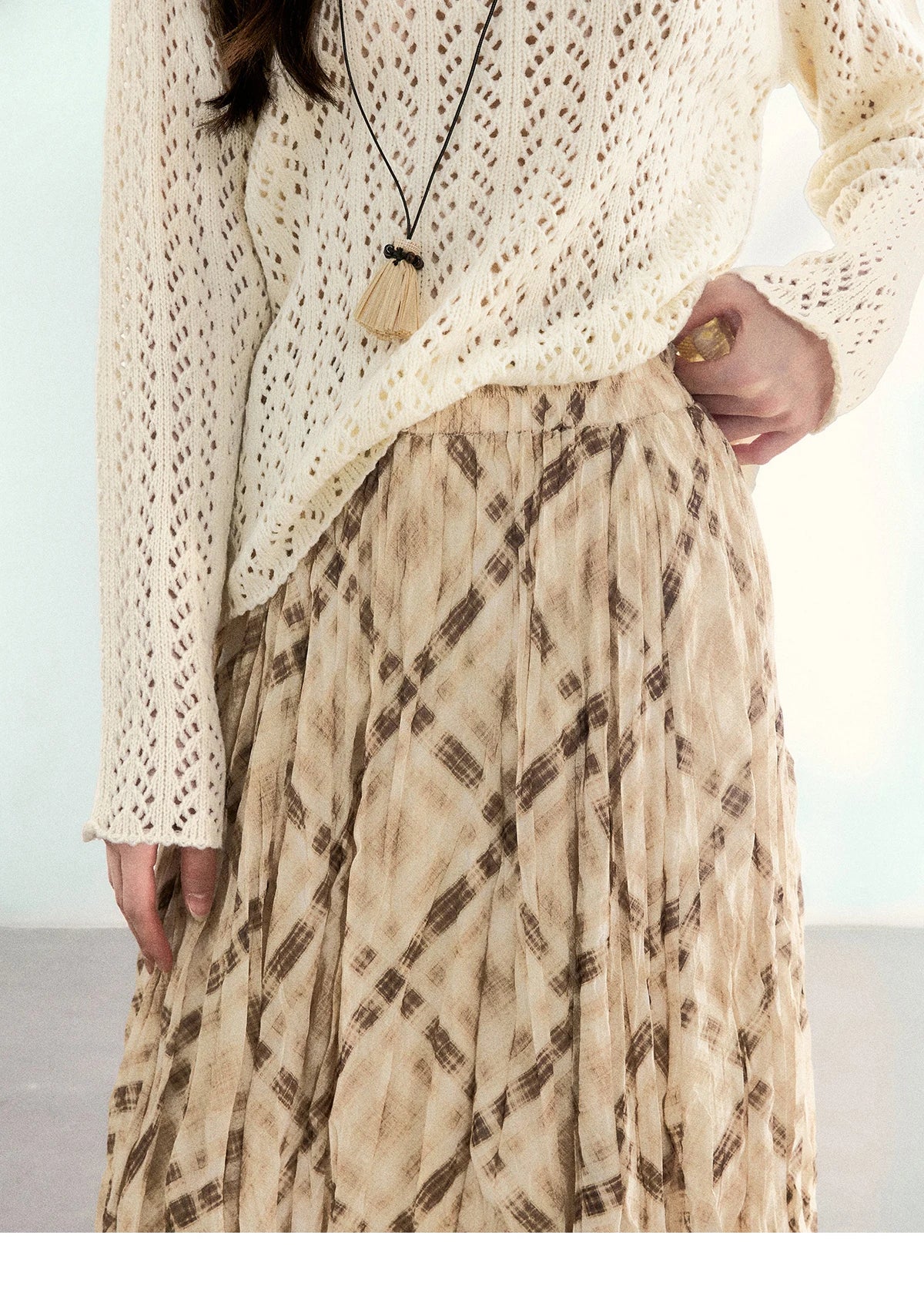 MISHOW Beige Plaid Maxi Skirt High Waist Flowy Elastic MXF108B0769
