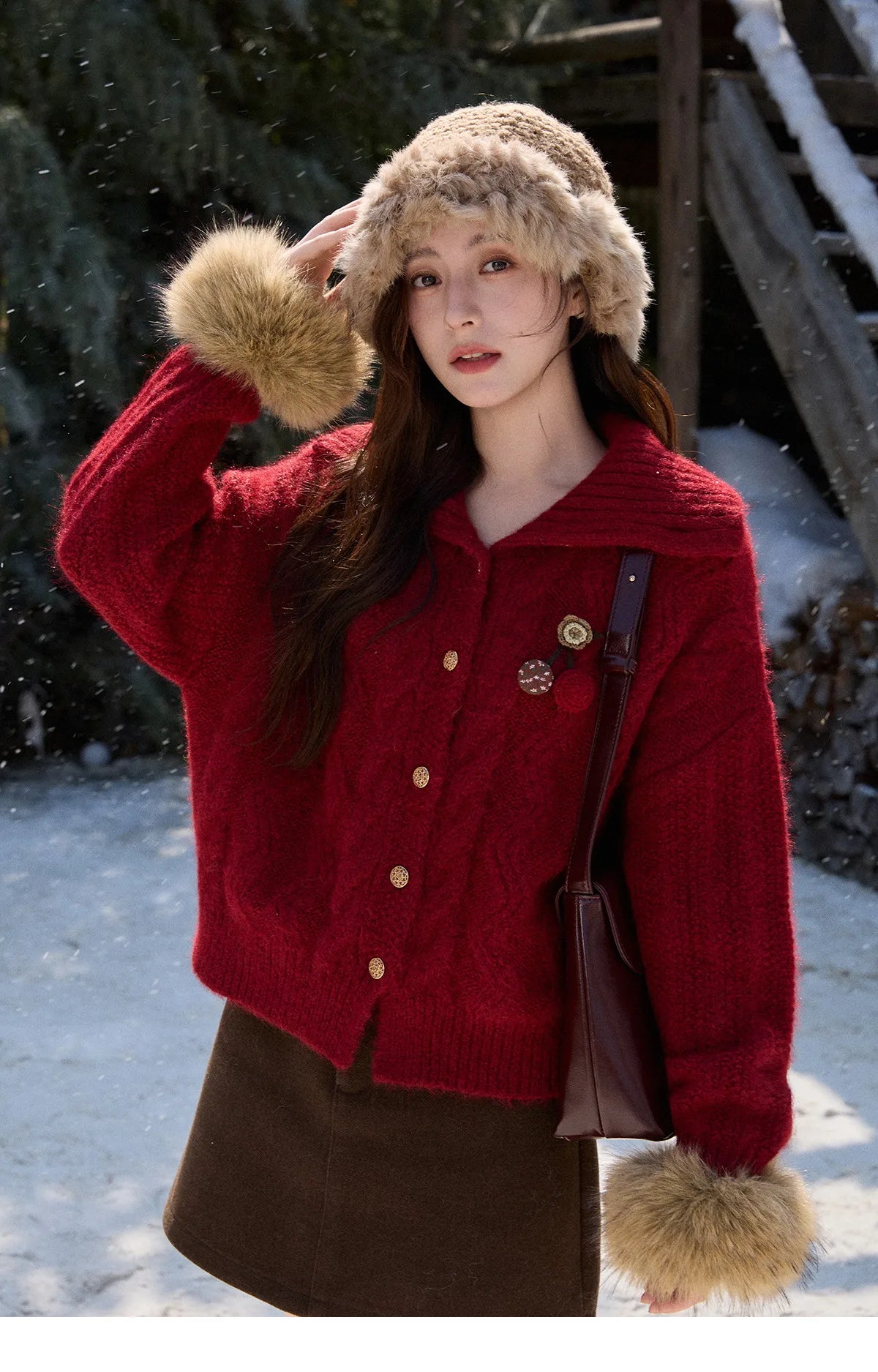 Mishow Red Cable Knit Stand Collar Cardigan MXE92Z2827