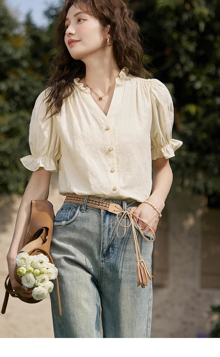 MISHOW Denim Suspender Dress & Puff Sleeve Blouse Set MXD21L1664