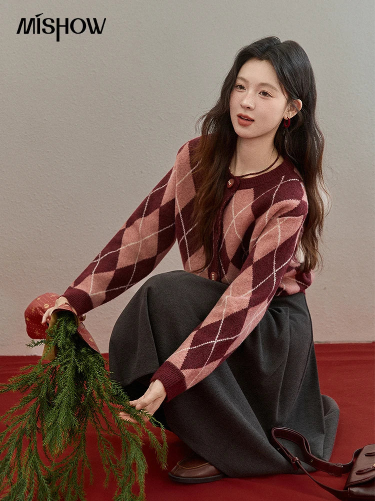 Mishow Retro Diamond Grid Contrast Cardigan MXE91Z2773