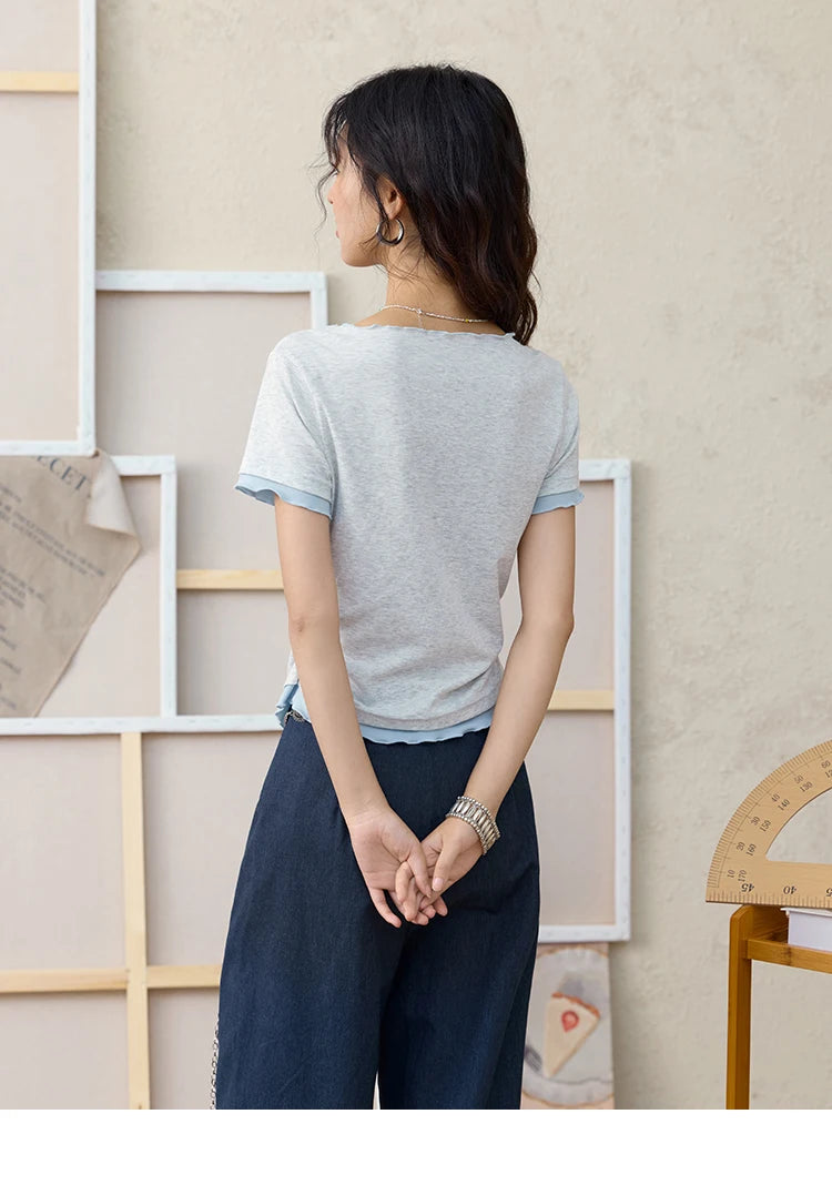 Mishow Grey Blue Fake Two-Piece Wavy Edge Tee MXE35T0567