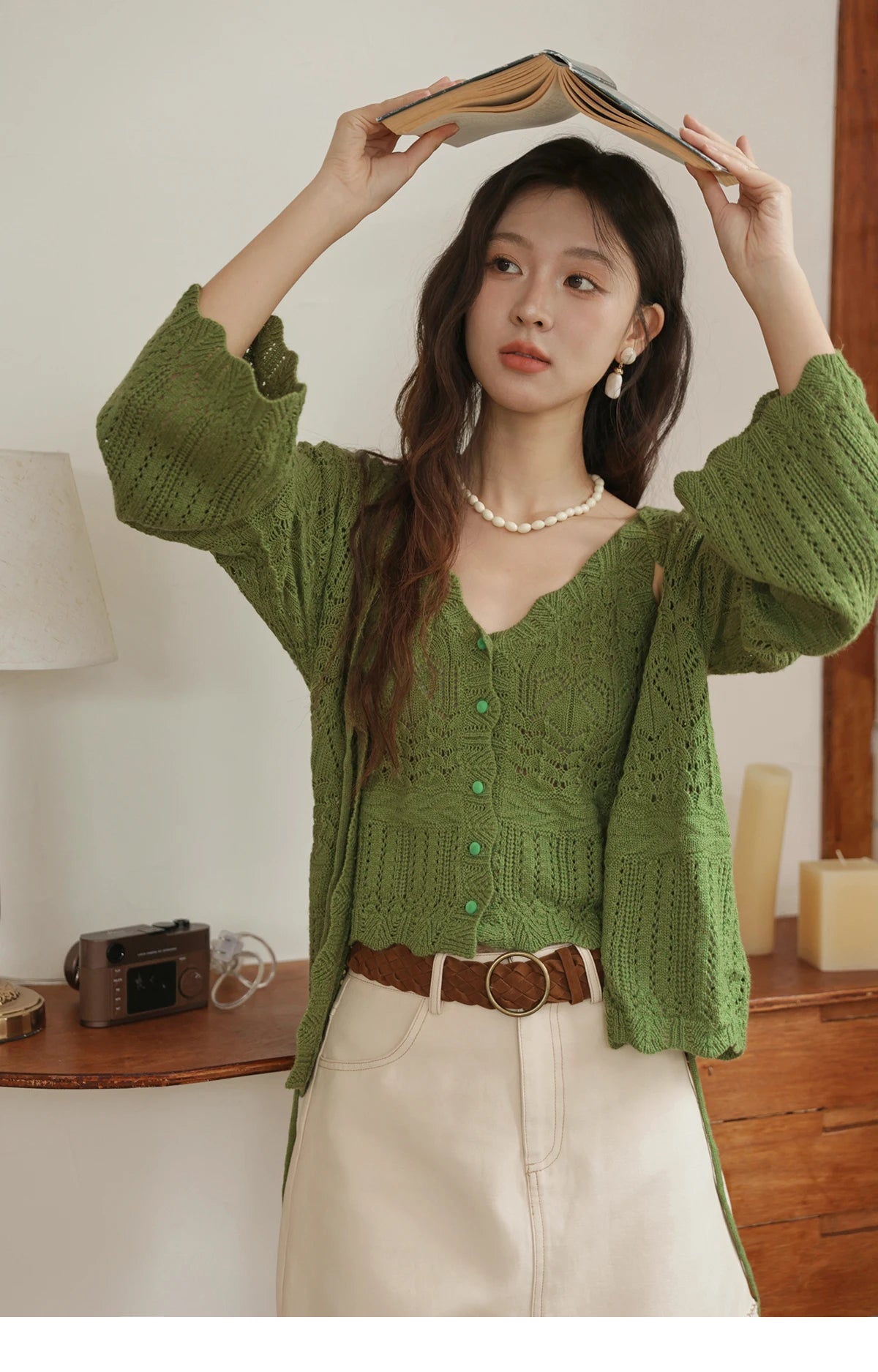 Mishow Flared Sleeve Lace-Up Cardigan & Camisole Set MXE42T0717