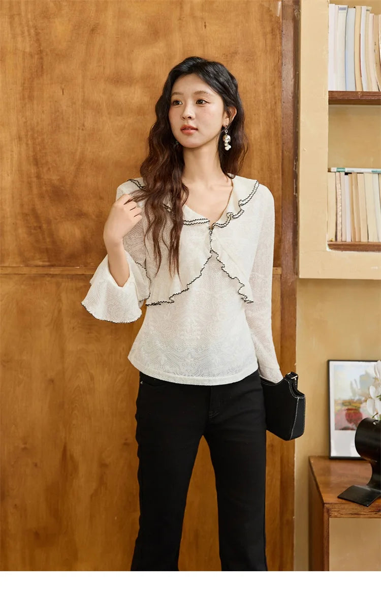 MISHOW Lace Blouse V-Neck Ruffle Edge Contrast Embroidery Flare Sleeve MXE45X2483