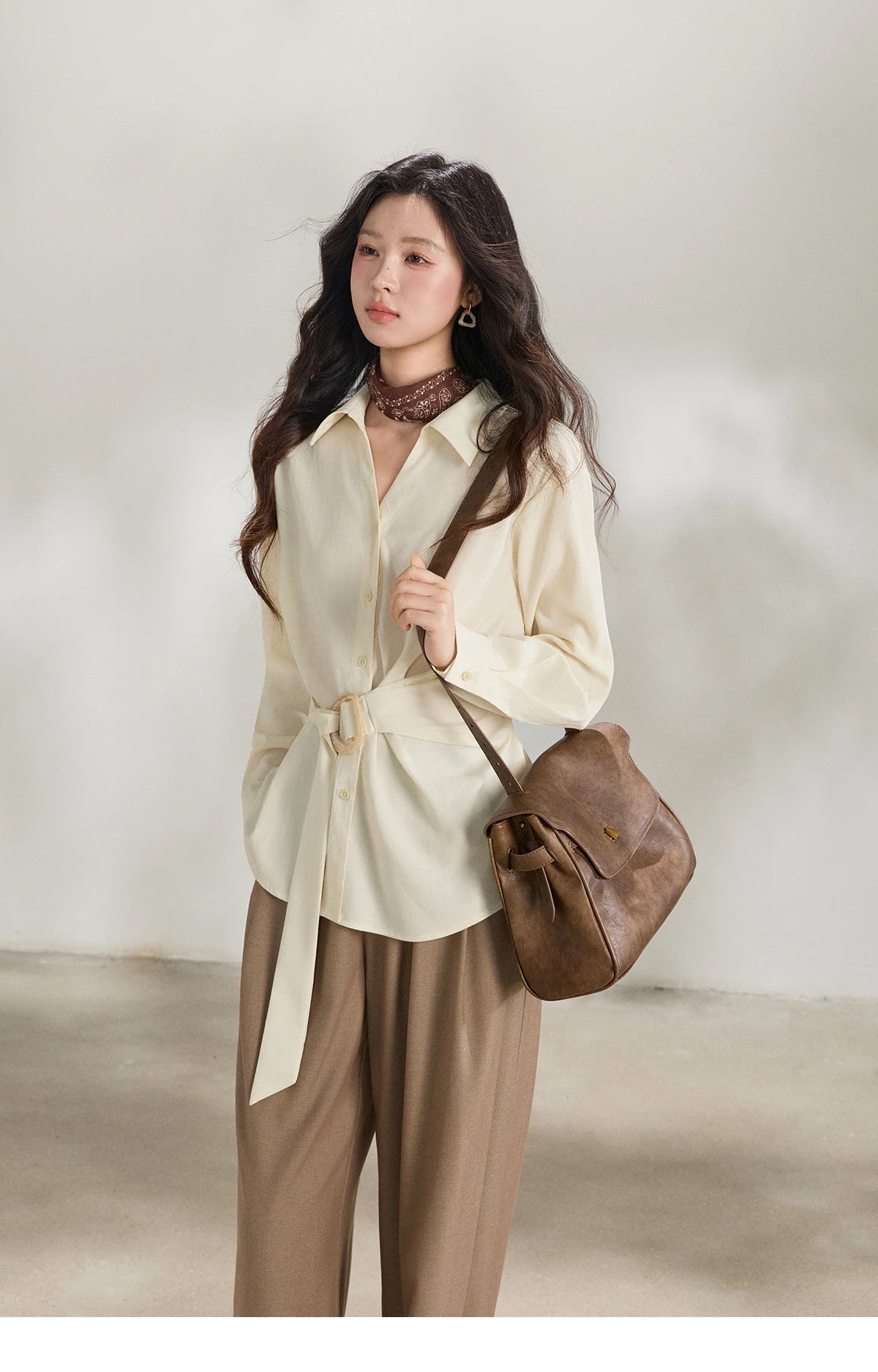 MISHOW Lapel Collar Shirt with Belted Waist Soft Beige MXF13C2452