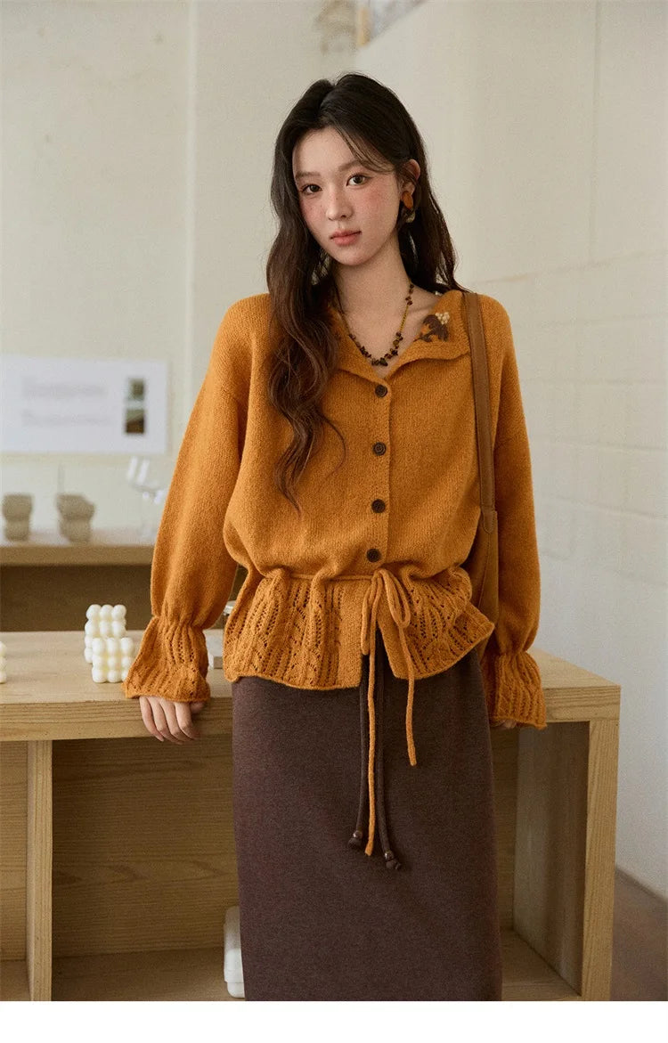 Mishow Orange Openwork Crochet Flared Sleeve Cardigan MXE87Z2685