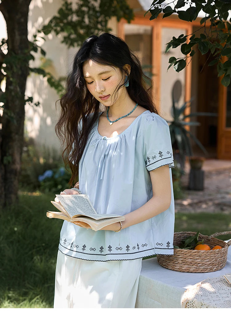 MISHOW Cotton Blouse Round Neck Lace Up Puff Sleeve MXE39X1966