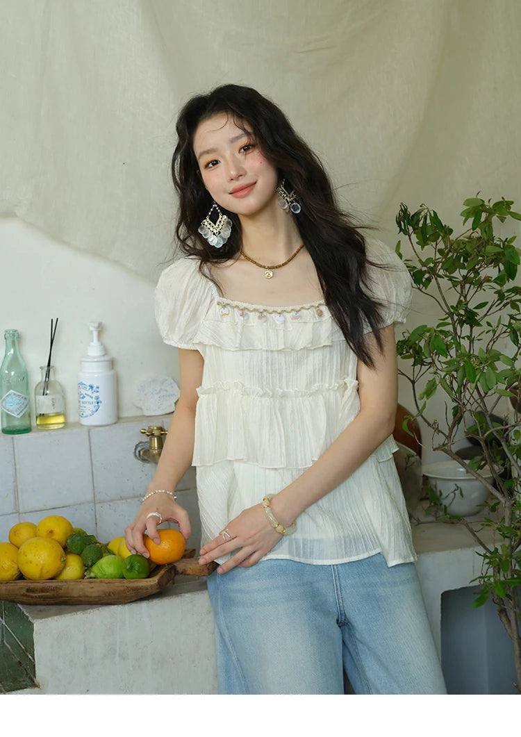 MISHOW Square Collar Puff Sleeve Tiered Blouse MXE33X1763